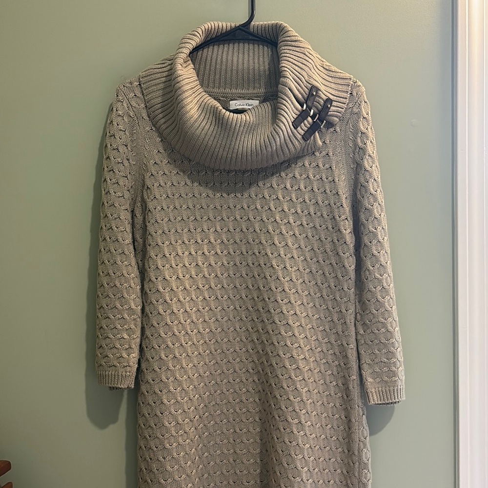Calvin Klein Chic Cable-Knit Cowl Neck Sweater Dress - Tan